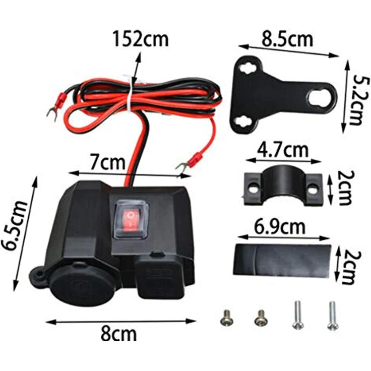 Bolwins D74C Motorrad USB Steckdose Zigarettenanzünder, wasserdicht mit 2x USB (5V/2,1A) und Spannungsanzeige, schwarz – Bild 7