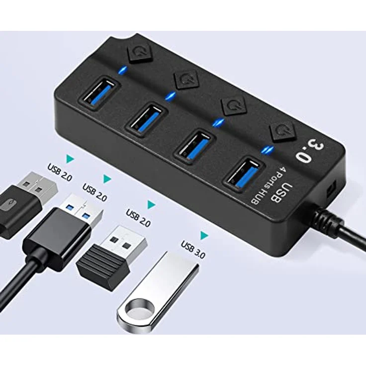 Hoppac USB-Hub, 4 Ports USB-Splitter mit unabhängigen Schalterungen, 1 USB-3.0-Anschlüsse, 3 USB-2.0-Adapter für PC, mit LED-Licht, mehrfacher USB-Buchse für schnelle Datenübertragung, Schwarz – Bild 5