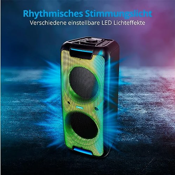 MEDION P61080 Party-Soundsystem (Partylautsprecher inkl. Mikrofon, Karaoke, Akku, Bluetooth, True Wireless Stereo, 2X 450 Watt, Farbige LED, 2X USB, 2X AUX, 2X Mikrofonanschluss, Kompaktanlage) – Bild 4