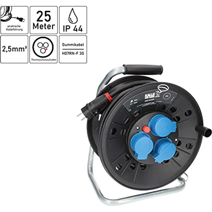 KALLE DAS KABEL Kabeltrommel Classic, 25 Meter Gummikabel H07RN-F 3G 2,5 mm² mit 3 Schukosteckdosen und IP44 Schutz für Außenbereich – Bild 2