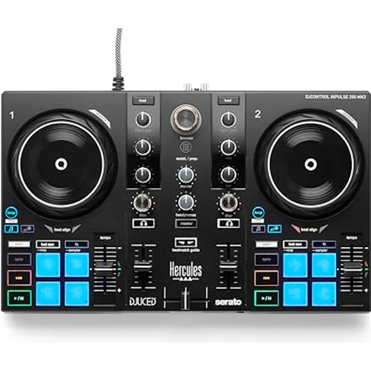 Hercules DJ Control Inpulse 200 MK3, DJ-Controller mit 90 mm Jogwheel, 4 Pad-Modi, USB-Audio-Interface, Serato DJ Lite, schwarz – Bild 1
