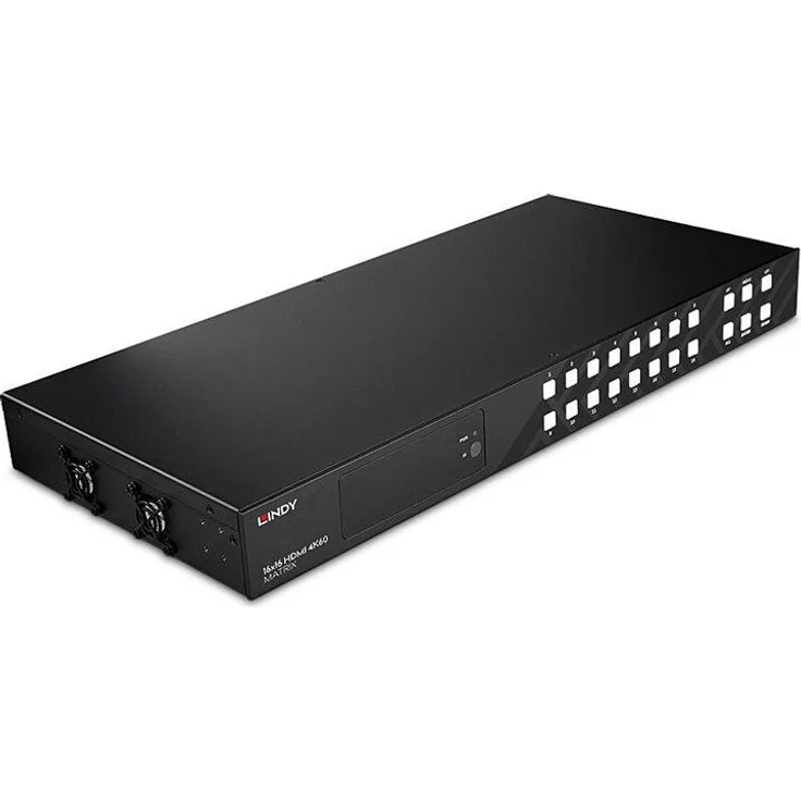 Lindy Video-/Audio-Splitter - 4K60 Matrix mit 16 HDMI-Anschlüssen, Schwarz, Metallgehäuse, Dolby Vision Support, OLED-Statusdisplay