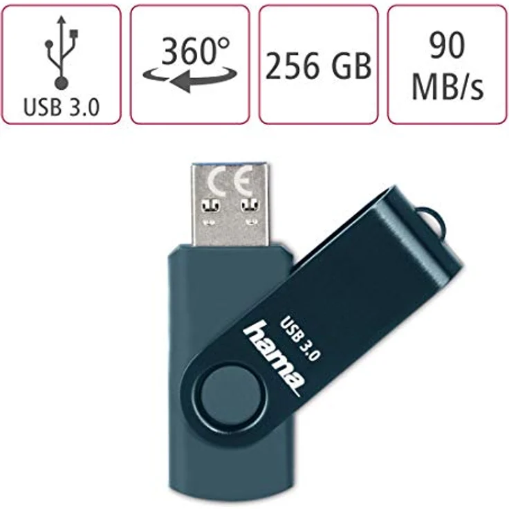 Hama 256 GB USB-Stick USB 3.0 Datenstick (90 MB-s Datentransfer, mit Öse zur Befestigung am Schlüsselring, Speicherstick, Memory Stick aus Metall, geeignet für Windows-MacBook) Petrolblau – Bild 2