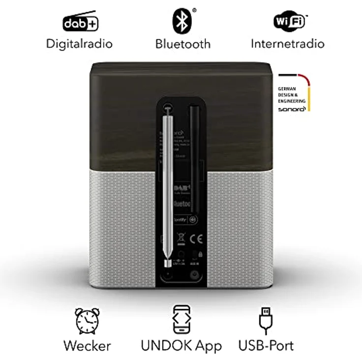 sonoro Stream Internetradio mit Bluetooth & DAB Plus (UKW/FM, WLAN, Spotify, Amazon, Deezer, App, spritzwassergeschützt) Küchenradio Mooreiche/Silber – Bild 3