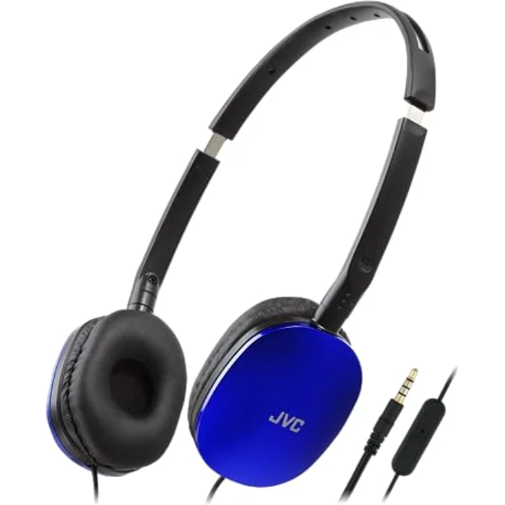 JVC HA-S160M-A - Flats Faltbarer und kompakter Kopfhörer in Glossy Trendfarbe, mit Schalter für Mikrofon EIN/aus, ideal für Telearbeit und Online-Seminare (Blau) – Bild 1