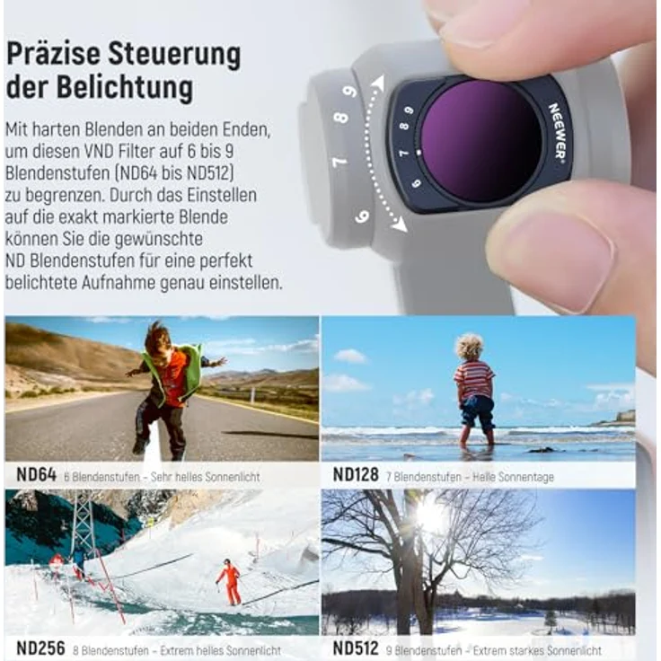 NEEWER Variabler ND64-512 Filter für DJI Osmo Pocket 3/4, Magnet ND Filter mit 6-9 Blendenstufen und 2 Displayschutzfolien – Bild 3