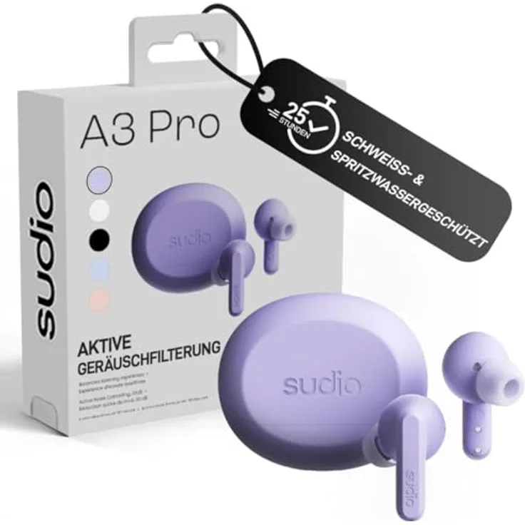sudio A3 Pro True Wireless Kopfhörer, Bluetooth 5.4 mit Noise Cancelling, 25h Spielzeit, USB-C Ladecase, lila