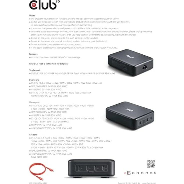 Club 3D CAC-1918 Reiseladegerät, 240W 4xUSB Typ-C mit Power Delivery und GaN-Technologie, Schwarz – Bild 8