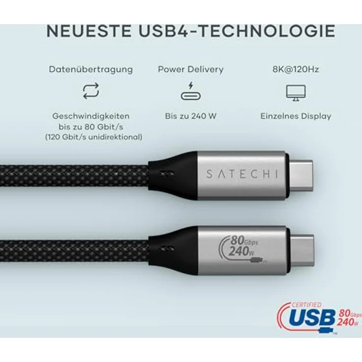 Satechi USB4 v2 Pro Kabel 1,2 m, max. 120 Gbit/s, 240 W, USB-C, Silber/Schwarz – Bild 3