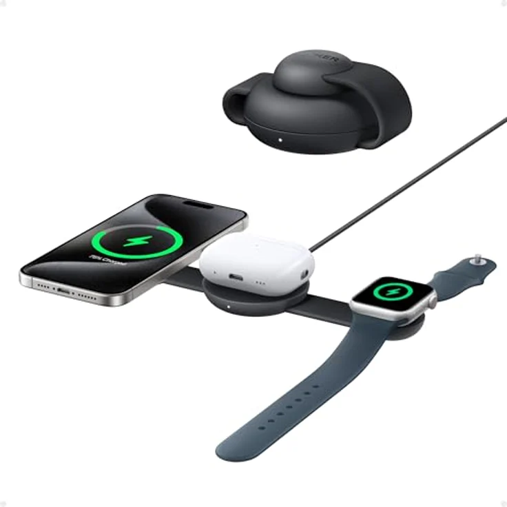 Anker MagGo 3-in-1 Kabellose Ladestation, 15W Schnellladen, Faltbares Reise-Ladepad (Schwarz) – Bild 1