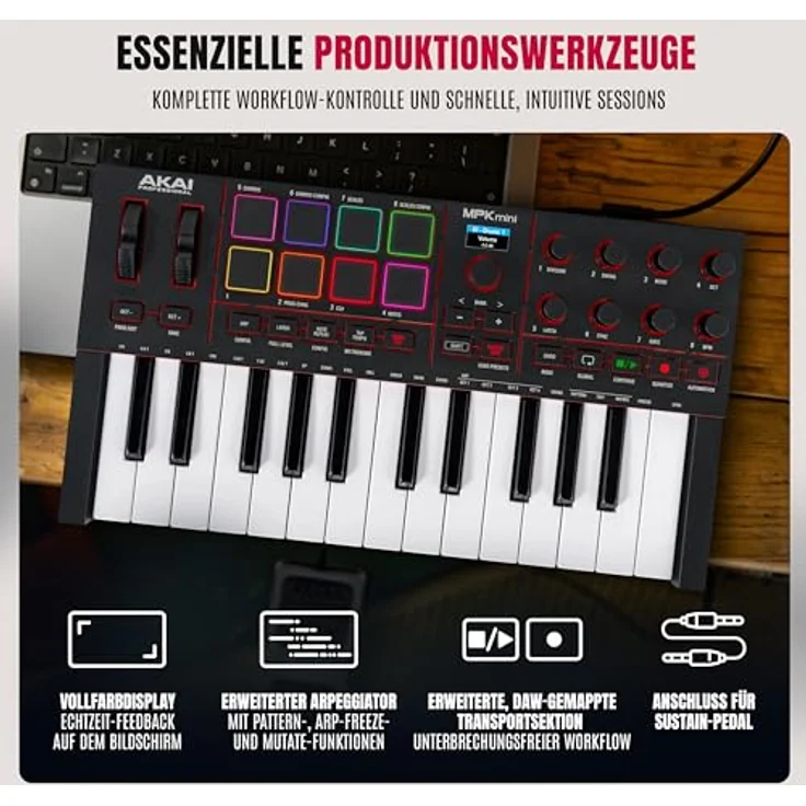 Akai Professional MPK Mini IV, USB-C MIDI Keyboard Controller mit 25 anschlagdynamischen Tasten, 8 MPC Drum Pads, DAW-Integration, 1000+ Sounds, Schwarz – Bild 5