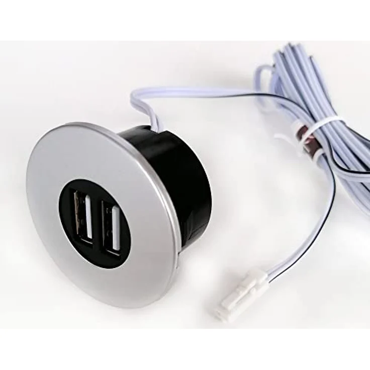 kalb Einbau USB-Hub Silbergrau, 2-Port Steckdose für Smartphone, Tablet, E-Reader, Möbeleinbau 12V, platzsparend mit 200 cm Kabel – Bild 1