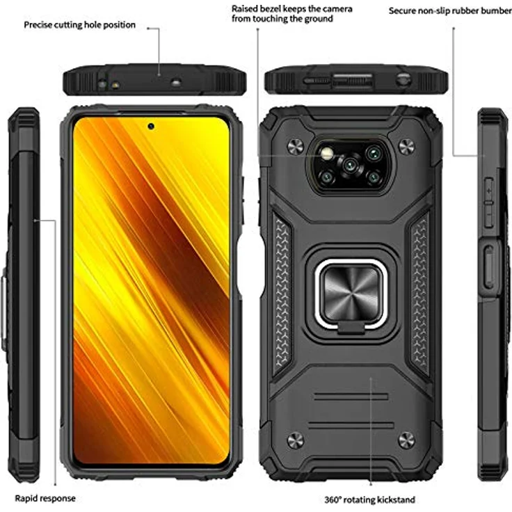 LeYi Hülle für Xiaomi Poco X3 Pro/NFC, 360 Grad Ring Halter, Militär Standard Schutz, Silikon Bumper Cover Case, Schwarz, mit Panzerglas Schutzfolie (2 Stück) – Bild 2