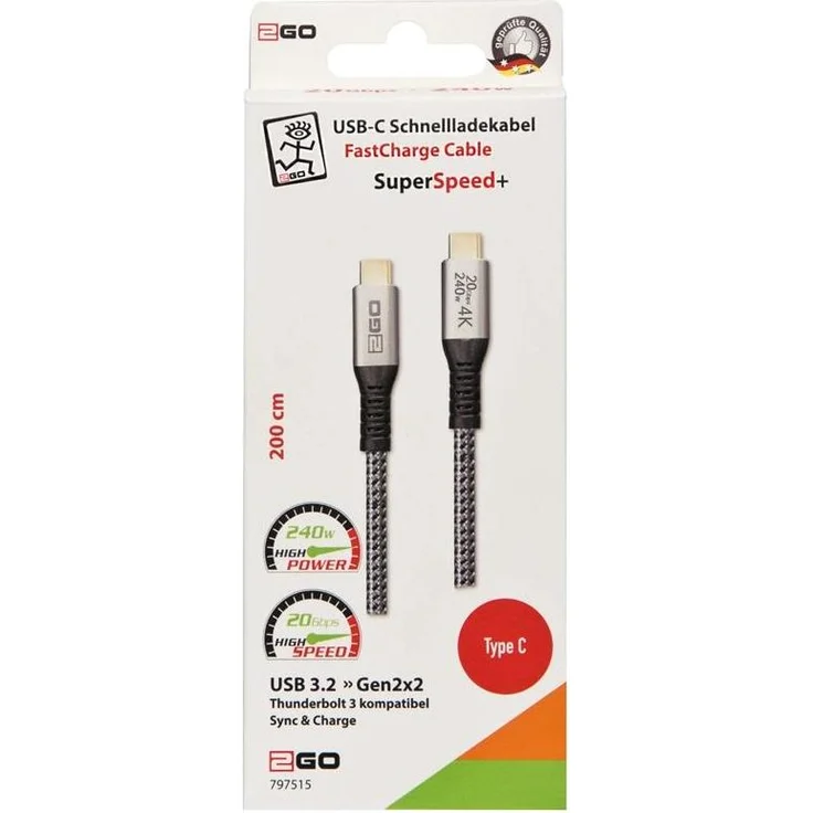2GO 797515 USB-C Thunderbolt 3 Schnellladekabel, 240W, 2m, silber, 20 Gbit/s, 4K Unterstützung