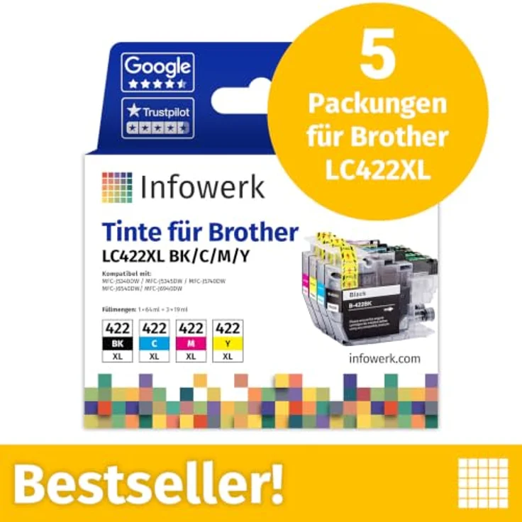 Infowerk LC422XL, Tintenpatrone 5-tlg. Set in Schwarz, Cyan, Magenta, Gelb, hohe Seitenleistung für Brother Drucker – Bild 2