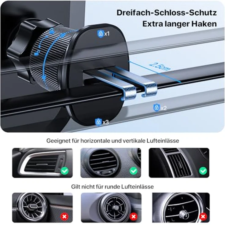Miracase Handyhalterung Auto, 2025 Neuester Doppelhaken, Universal KFZ Lüftungshalter mit 360 Grad Drehung für iPhone 15 Pro Max/Samsung, geeignet für 4-7 Zoll Smartphones – Bild 4
