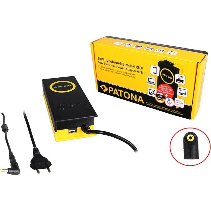 Patona Synchron Adapter (90 W), Notebook Netzteil mit USB-Ausgang und 90-Grad-Stecker, Schwarz