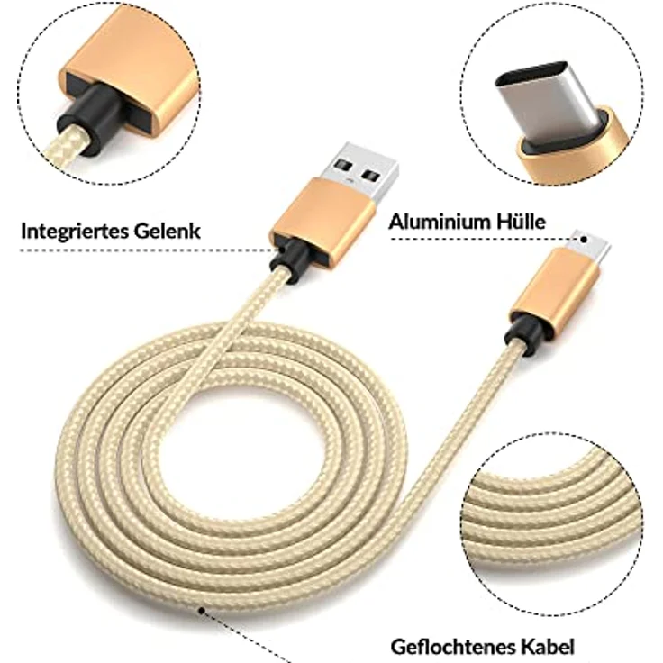 JAMEGA USB-C Kabel Nylon Schnell Ladekabel, 2m, 5 Gbps, kompatibel mit Samsung, Huawei, HTC, LG, hohe Langlebigkeit, edles Design – Bild 4