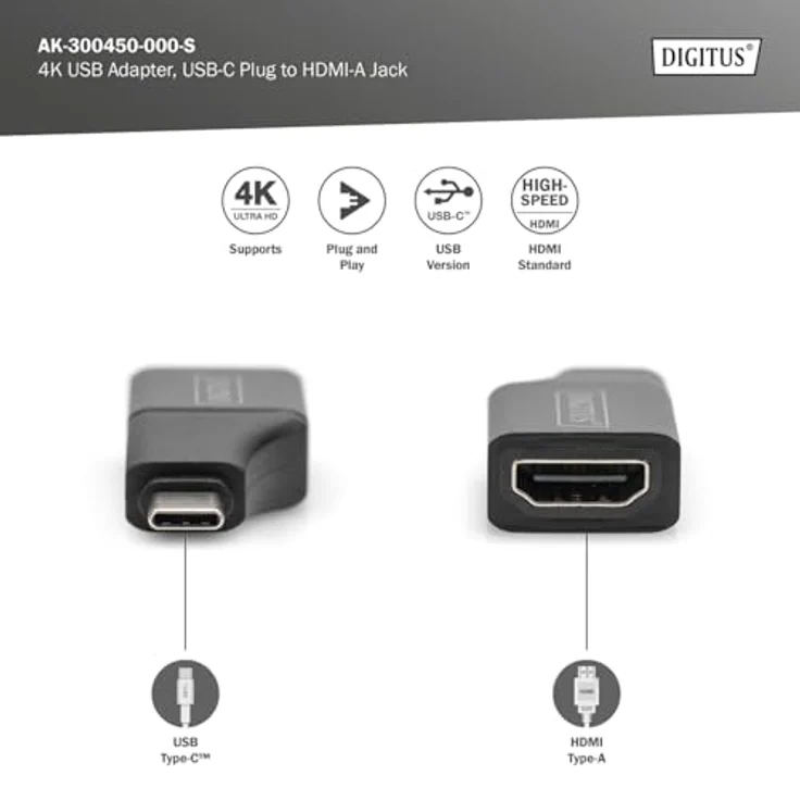 DIGITUS USB-C zu HDMI Adapter, UHD 4K 30 Hz, Aluminiumgehäuse, vergoldete Kontakte, Plug & Play, schwarz – Bild 3