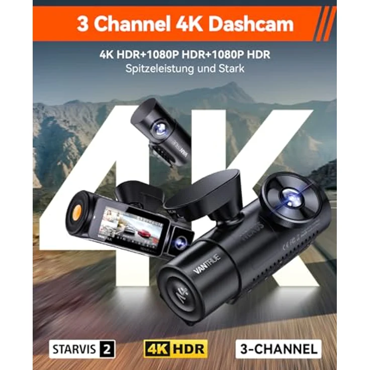 VANTRUE N4 Pro Dashcam Auto 4K HDR + 1080P HDR+ 1080P HDR, STARVIS 2 Dash Cam 5GHz WiFi, Sprachbefehl Auto Kamera 3 Lens Puffer Parküberwachung Sternenlicht Infrarot Nachtsicht, GPS, 2.45”Max 512GB – Bild 2