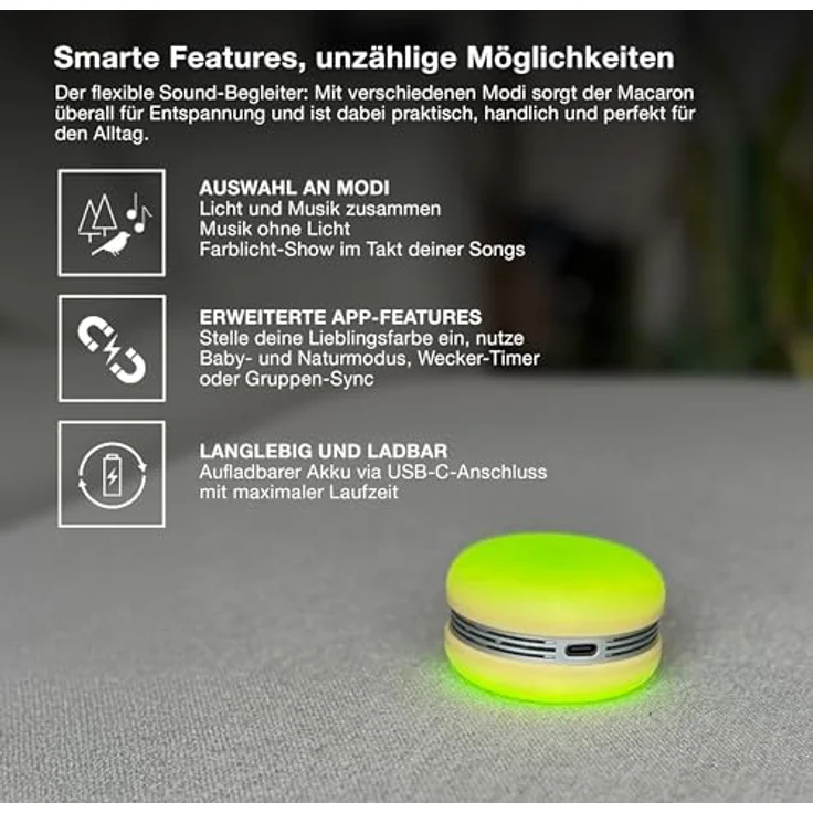 Osram Smart Macaron, Bluetooth-Lautsprecher mit Dreh-Farblicht, Musik-Sync, App-Timer, 3 Modi, Stereo-Pairing, Grün – Bild 4