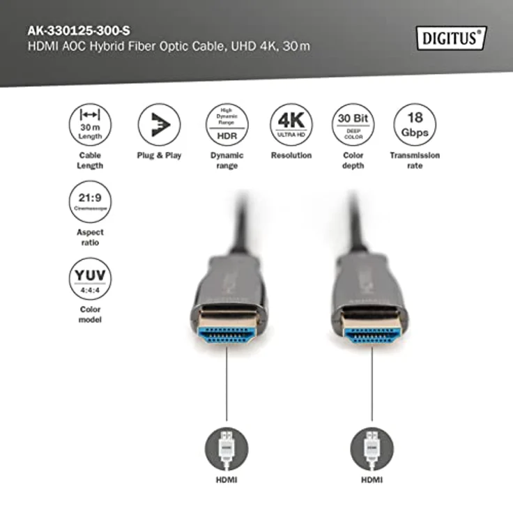 DIGITUS HDMI AOC Hybrid Glasfaser Anschlusskabel, Typ A St/St, 30m, UHD 4K@60Hz, CE - Vergoldete Kontakte - Schwarz – Bild 2