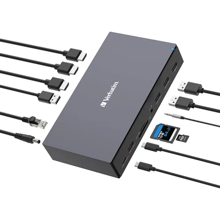 Verbatim USB-C Pro Docking Station, 17-in-1 Hub, Multiport Adapter zu HDMI 4K und 8K, USB-A und USB-C, PD 100 W, AUX, Card Reader, für Mac / Windows Laptop, schwarz – Bild 2