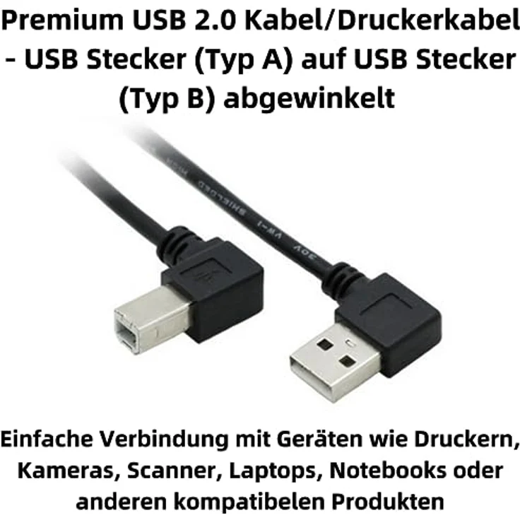 Bolwins M03S USB 2.0 Druckerkabel 90 Grad - Ideal für Drucker und Scanner, 480 Mbit/s Datenübertragung, 50cm, Abwärtswinkel-Design – Bild 2