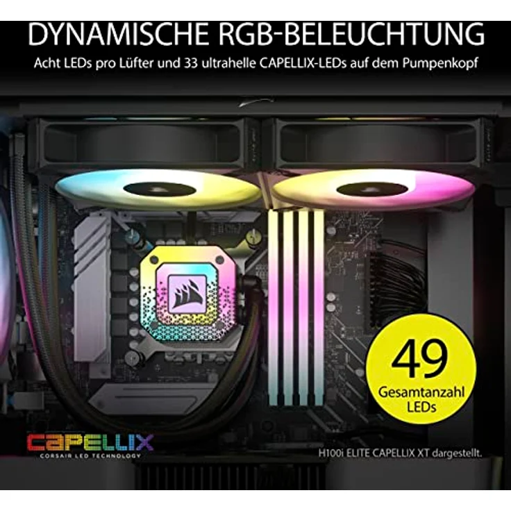 Corsair iCUE H115i Elite CAPELLIX XT Flüssig-CPU-Kühler - Zwei AF140 RGB Elite-Lüfter - 280-mm-Radiator - Intel LGA 1700, 1200, 115X, 2066, AMD AM5, AM4 - Inklusive iCUE Commander CORE - Schwarz – Bild 4