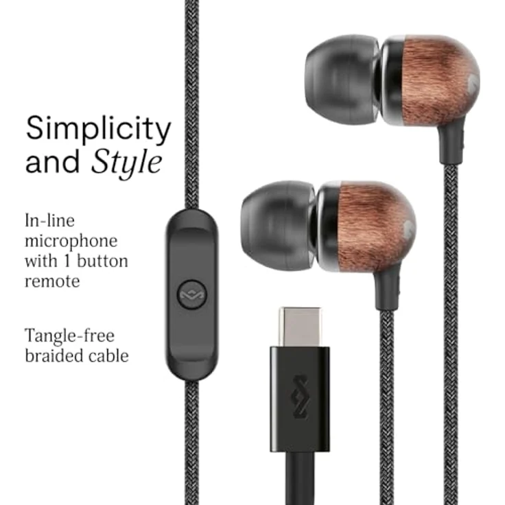 House of Marley Smile Jamaica In-Ear-Kopfhörer, USB-C, 9,2-mm-Treiber, integriertem Mikrofon, verwicklungsfreiem Kabel, schwarz – Bild 2