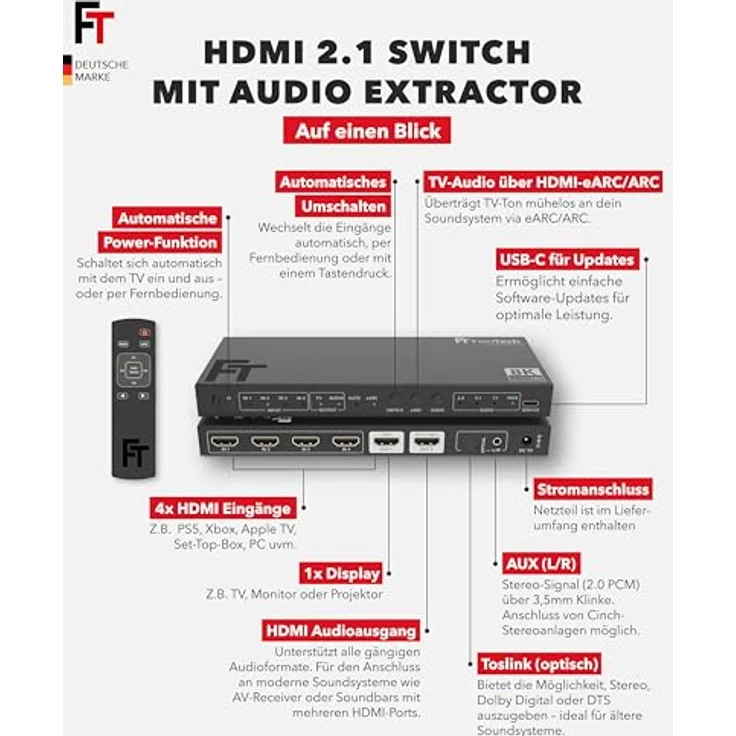 FeinTech SW411 HDMI 2.1 Switch, 4 In 1 Out mit Audio Extractor, unterstützt 4K 120Hz & 8K, optimiert für Soundsysteme – Bild 3