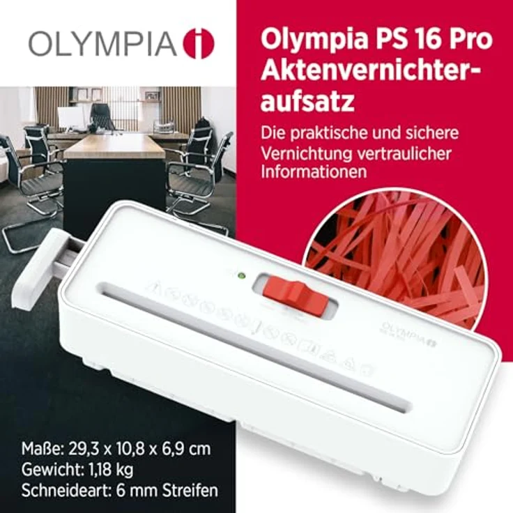 OLYMPIA PS 16 Pro Aktenvernichter, Streifenschnitt P-2, 6 mm, für bis zu 6 Blatt, weiß, mit Rücklauffunktion und Overheat-Schutz – Bild 2