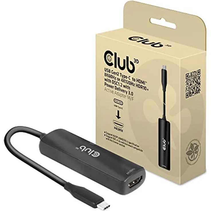 Club3D CAC-1588 USB Gen2 Typ-C zu HDMI™ 8K60Hz oder 4K120Hz HDR10, DSC1.2, Power Delivery 3.0 Activ Adapter St./B.