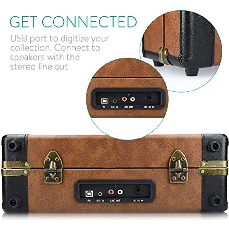 Navaris Retro Koffer Plattenspieler mit Lautsprecher - USB Port zum Digitalisieren - Vintage Design in Braun-Schwarz – Bild 4
