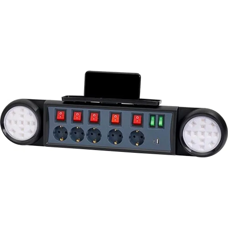 Northpoint LED Steckdosenleiste mit Wandmontage, 4 Steckdosen, 2 USB, 1 USB-C, Smartphonehalterung, 1,8m Kabel