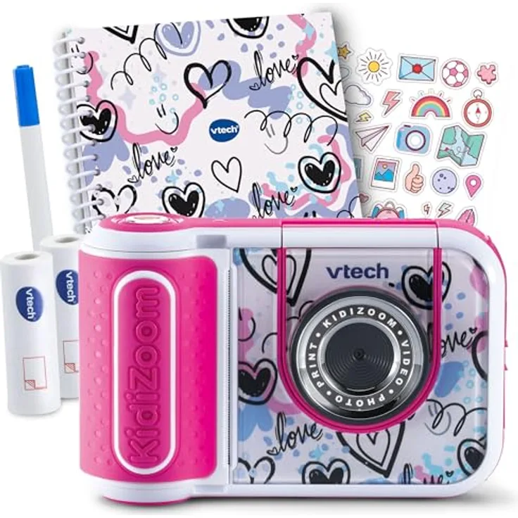 Vtech KidiZoom Print Cam Scrapbook Bundle pink, kreative Kamera mit Sofortdruckfunktion, inkl. Scrapbook, Stickern, Stift und Druckerpapier