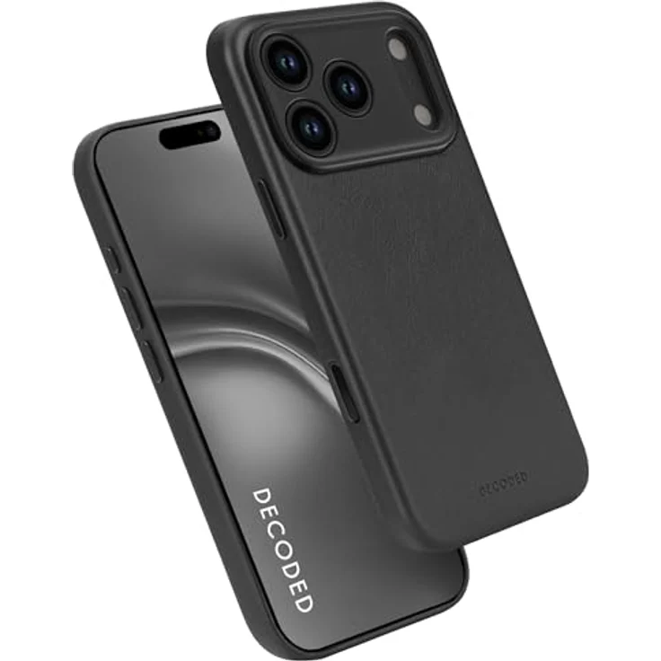 Decoded Lederhülle für iPhone 17 Pro, Premium ECCO Leder, MagSafe-kompatibel, kratzfest, stoßfest, schwarzer Metall-Kameraring, Glas-Aktionstaste, Schwarz – Bild 1