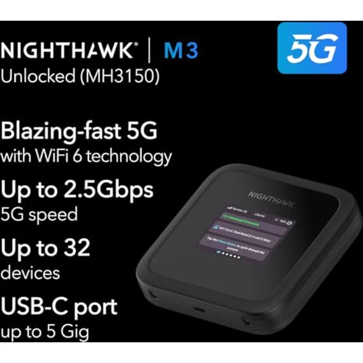 Netgear Nighthawk M3 5G-Mobilrouter mit WiFi 6, bis zu 2,5 GBit/s, entsperrter SIM-Steckplatz, tragbarer WLAN-Hotspot, 5G- und 4G-MiFi, AX3600 WiFi 6, bis zu 32 Geräte (MH3150) – Bild 2