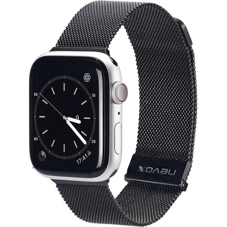 Nevox Milanaise Armband für Apple Watch 42mm, Edelstahl-Uhrenarmband mit doppelt-magnetischer Schließe, Schwarz
