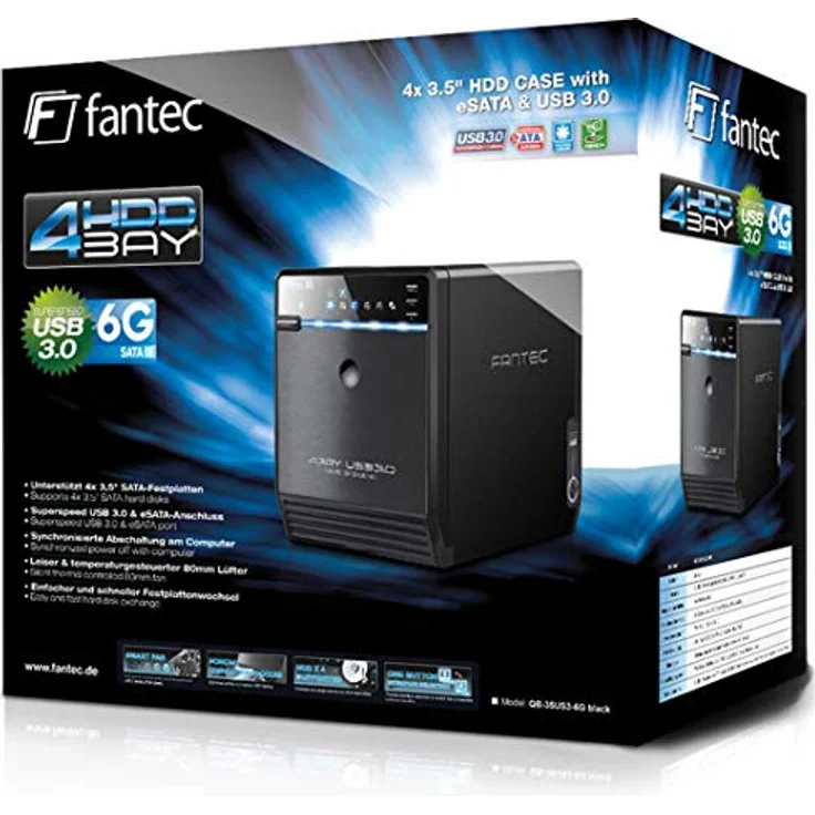 FANTEC QB-35US3-6G Externes 4-fach Festplattengehäuse (für 4x 8, 89 cm (3, 5 Zoll) SATA i-II-III Festplatten, USB 3.0 SuperSpeed und eSATA Anschluss, 6G Support, 80 mm Lüfter Temperaturgeregelt) – Bild 5