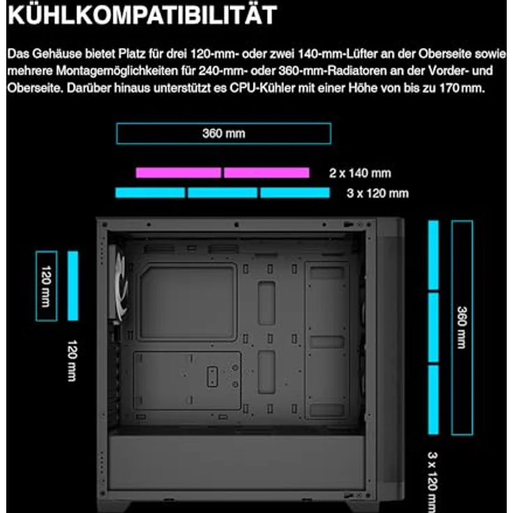 Gamdias Athena M3 GAMING Miditower, E-ATX PC Gehäuse in Schwarz mit 4x120mm ARGB Lüftern und Tempered Glass – Bild 7