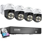 ZOSI 5MP PoE Überwachungskamera Set Aussen, 4X 355°/140° Schwenkbar IP Dome Kamera und 8CH 4K PoE NVR mit 2TB HDD, 2-Wege-Audio, Ton- und Lichtalarm, Ultra HD Auto-Tracking, Schwarz
