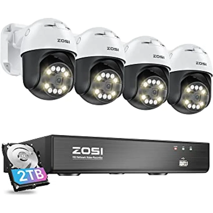 ZOSI 5MP PoE Überwachungskamera Set Aussen, 4X 355°/140° Schwenkbar IP Dome Kamera und 8CH 4K PoE NVR mit 2TB HDD, 2-Wege-Audio, Ton- und Lichtalarm, Ultra HD Auto-Tracking, Schwarz – Bild 1