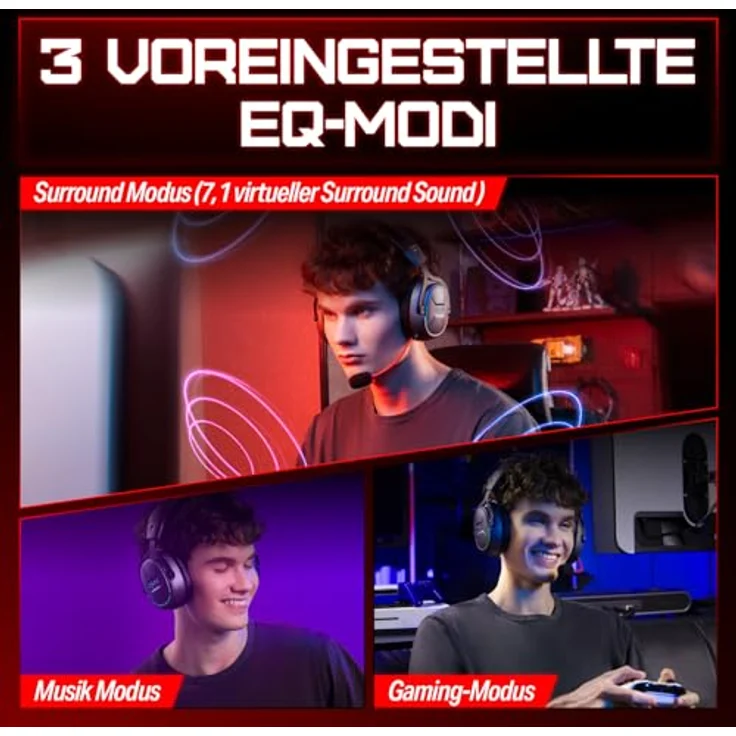 OXS Storm G2 Kabelloses Gaming-Headset, 7,1 Virtual Surround Sound, 3 EQ Modi, 2,4 GHz Niedrige Latenz, 50 mm Treiber, RGB Beleuchtung, Bluetooth 5.3, Schwarz – Bild 3