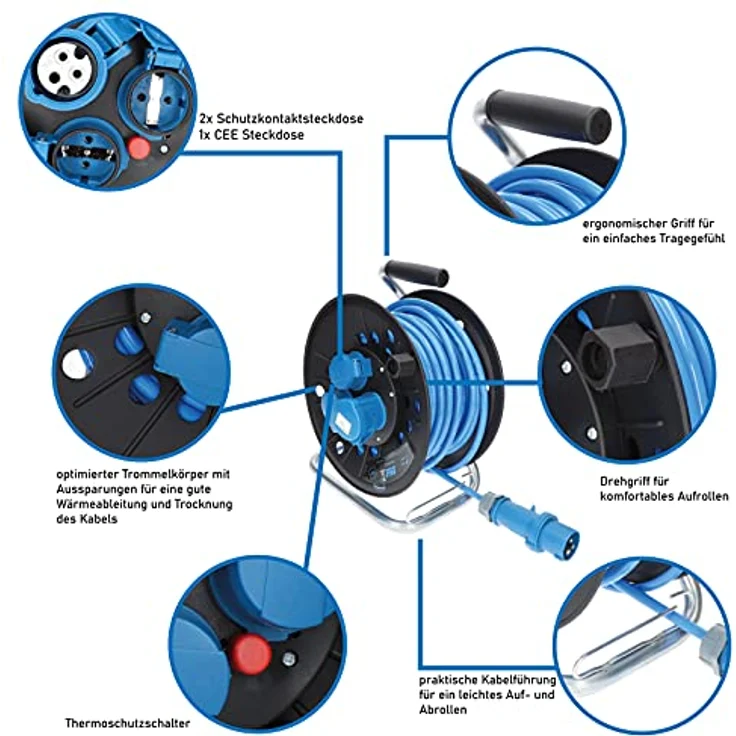 KALLE DAS KABEL CEE-Campingkabeltrommel KTP 25m mit Polyurethanleitung, IP44, 2 Schuko- und 1 CEE-Steckdose, inkl. 1,5m Anschlussleitung und Adapter – Bild 3