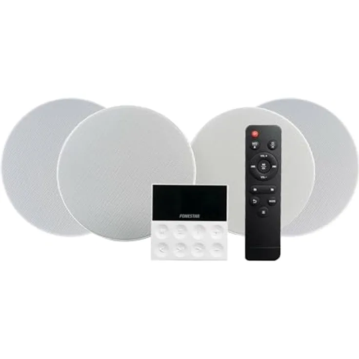 FONESTAR Mikro-Musikanlage KS-WALL-4, All-in-One-Sound-Kit mit 4 Deckenlautsprechern, Bluetooth, USB, FM-Tuner, Farbe Weiß