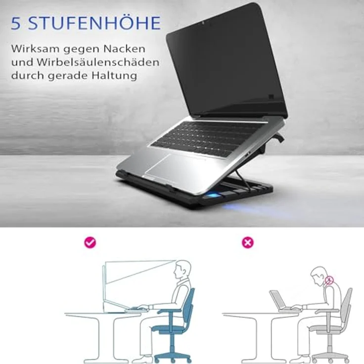 İnca INC-321RX Laptop Kühler, Cooling Pad für 7-17 Zoll, 2 leise Lüfter mit blauen LEDs, höhenverstellbar, Anti-Rutsch-Design, 2 USB-Ports, schwarz – Bild 3