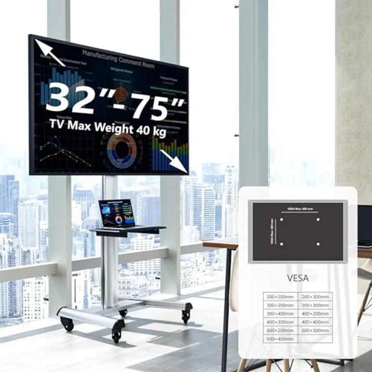 XTRARM Proton 500 mobiler TV Ständer mit Ablage, 37-70 Zoll / 40 kg, Viele VESA-Größen, Höhe bis 211 cm, Schwarz/Silber, TV-Standfuss – Bild 3