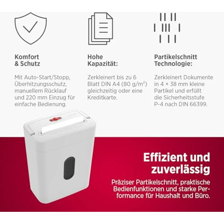OLYMPIA PS 53 CC Pro Aktenvernichter, Partikelschnitt P-4 (4 x 38 mm), bis 6 Blatt, weiß, mit Rücklauffunktion und Start-/Stoppautomatik – Bild 3