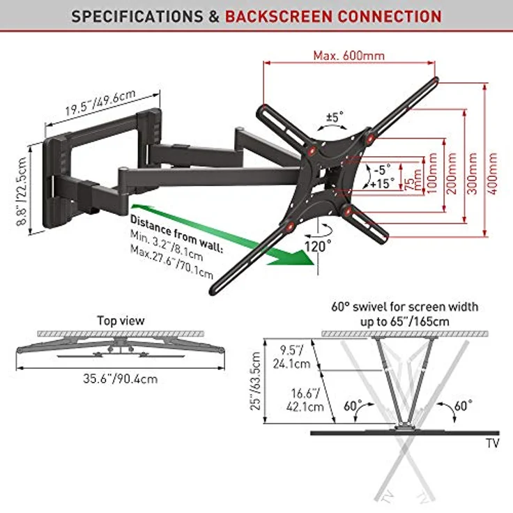 Barkan Long TV Wandhalterung, 13 - 90 Zoll Doppelarm, Schwenkbar / Vollbewegung flach & curved Fernseher TV Halterung, hält bis 60Kg, Extra stabil, für LED OLED LCD, Max. VESA 600x400 – Bild 4